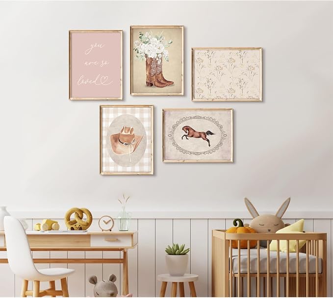 Tocliky Cowgirl Nursery Wall Art Coquette Western Girl Poster Vintage Horse Floral Canvas Pictures Aesthetic Pink Preppy Room Wall Decor Rustic Cowgirl Prints for Girls Bedroom 8x10x5 Inch Unframed