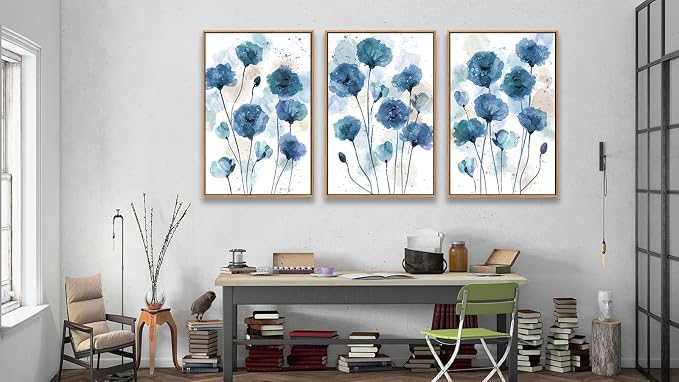 Large Flowers Wall Art for Living Room Natural Wood Float Framed Art Set of 3 Blue Floral Canvas Pictures Abstract Artwork Blossom Canvas Prints for Bedroom Kitchen Home Office Wall Decor 20"X28"X3