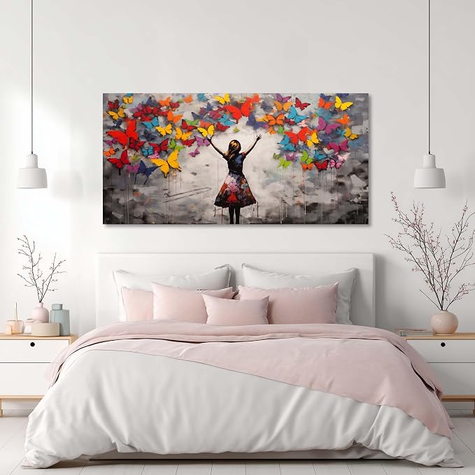 Graffiti Girl Wall Art for Living Room Canvas Oil Painting Prints Beautiful Butterfly Dream Art Deco Modern Artwork Office Bedroom Girls Dormitory Dining Room Decor Large