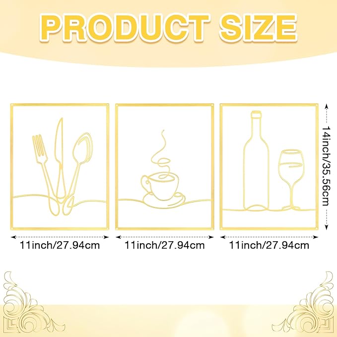 Otoolling 3 Pieces Metal Minimalist Line Kitchen Signs Wall Decor Drawing Rustic Kitchen Wall Art for Dining Living Room Home, 14 x 11 Inches(Dining Room,Gold)
