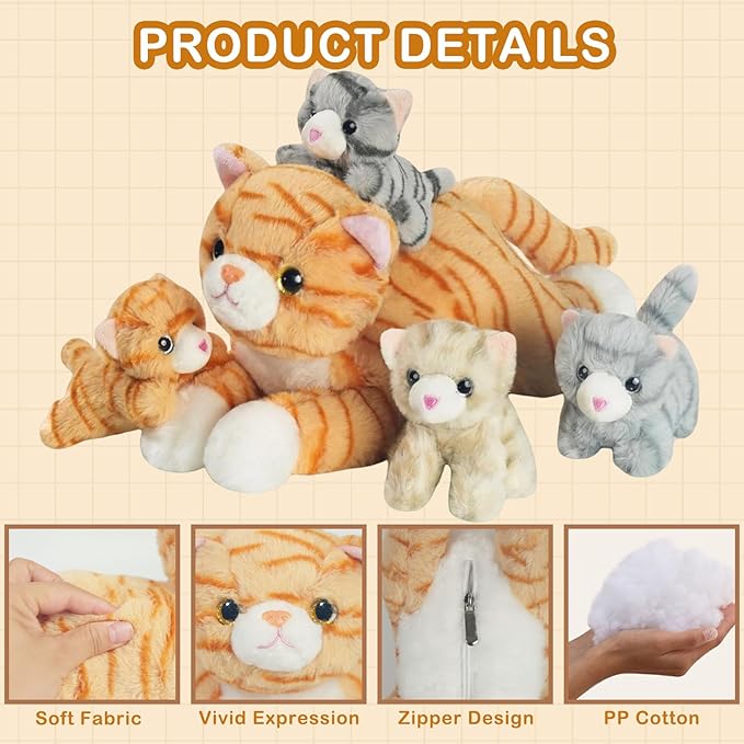 5 PCS Cat Stuffed Animal with Babies, Mommy Stuffed Orange Cat Toy with 4 Plush Kittens Inside Belly, Stuffed Kitty Plushies Toys for Kids Easter Stuffers Birthday Christmas Party Favors Gifts