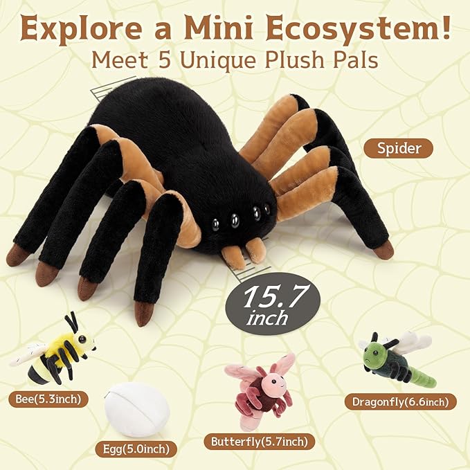 MorisMos 5Pcs Spider Stuffed Animal, 16inch Large Spider Plush with Butterfly, Dragonfly, Bee, Eggshell, Soft Plush Toys for Kids, Boys, Girls