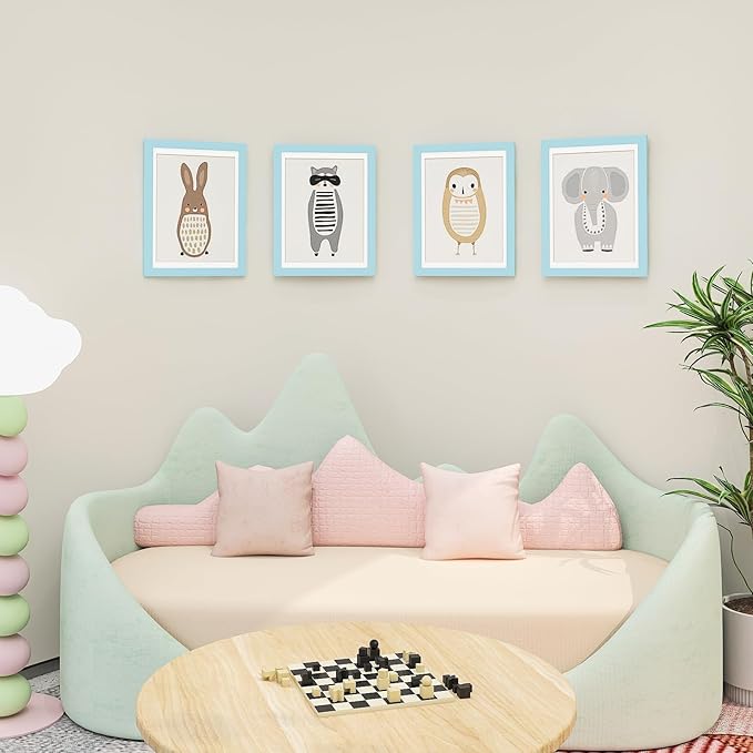 KINLINK 9x12 Kids Art Frame Set of 2, Solid Wood Kids Artwork Frames Changeable with Front Opening Hold 150 Pictures, Art Frames for Kids Art with Mat，without Mat 9x12 Picture Frame Blue