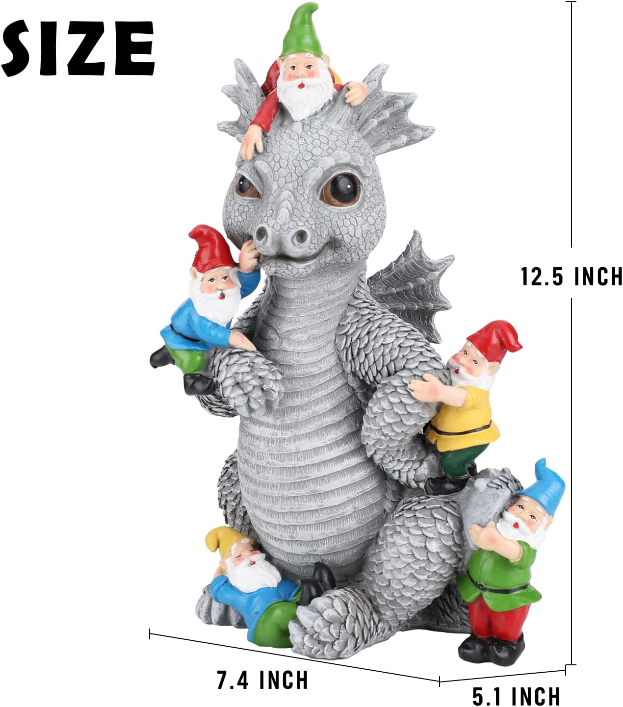 Dragon Gnome Statues Outdoor Decor, 13” Dinosaur Play with Gnomes Garden Statue, Outdoor Statue for All Season Lawn Decor, Garden Decoration, Gardening Gift