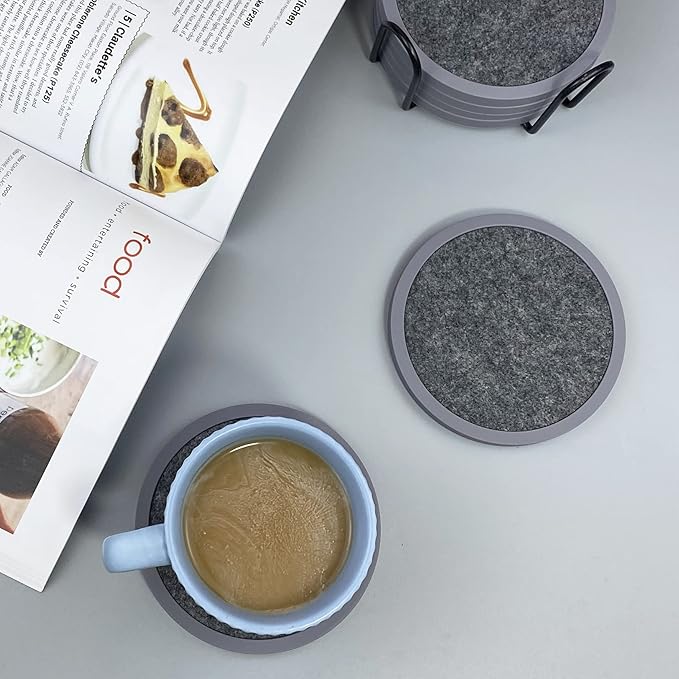 Absorbent Coasters for Drinks with Holder - 6packs, Silicone Coaster with Soft Felt Insert (4.3 inch Coasters with 4.5 inch Holder, Heathered Dark Gray)