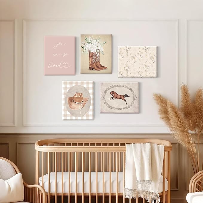 Cowgirl Nursery Wall Art Coquette Western Girl Poster Vintage Horse Floral Canvas Pictures Aesthetic Pink Preppy Room Wall Decor Rustic Cowgirl Prints for Girls Bedroom 12x16x5 Inch Framed