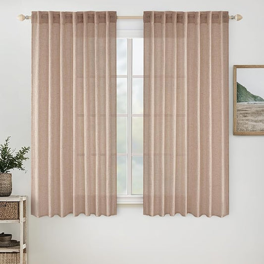 MIULEE Natural Beige Linen Curtains 45 Inch Length 2 Panels for Bedroom Living Room, Soft Linen Textured Window Drapes Semi Sheer Light Filtering Back Tab Rod Pocket Farmhouse Burlap Look Decor