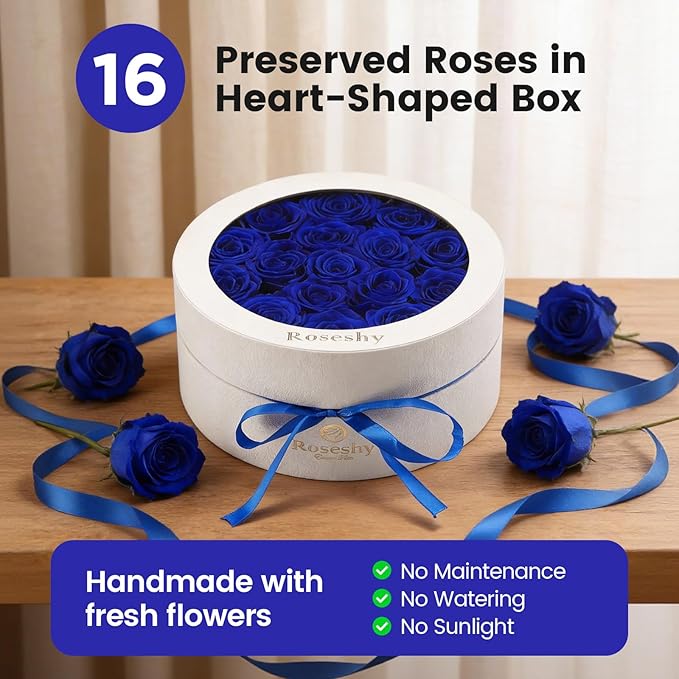 Mothers Day Flowers Roses Gifts for Mom,16pcs BlueForever Preserved Roses in Round Gift Box,Mothers Day Delivery Prime Gifts-Roses Gifts for Women,Mom.