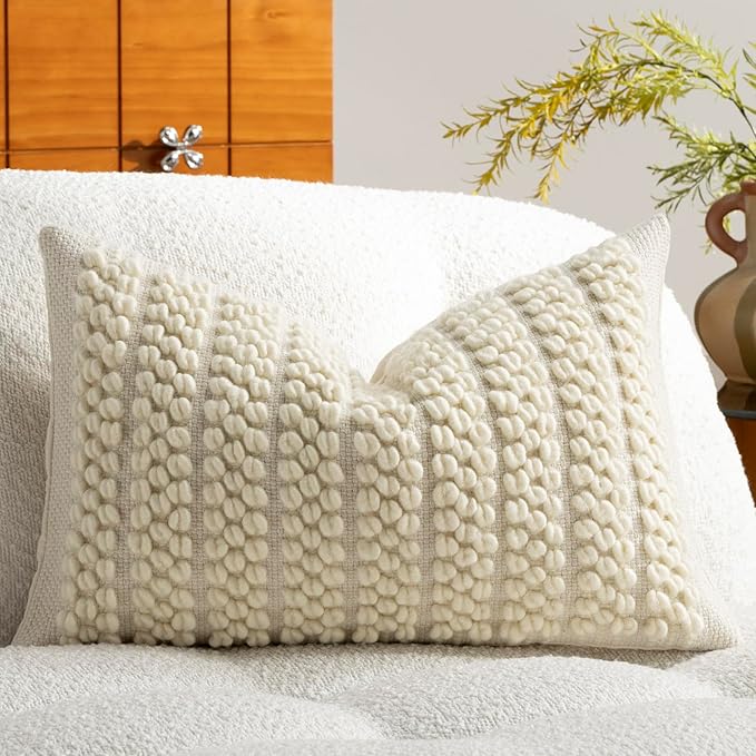 DEZENE Wool Boucle Lumbar Pillow Cover Premium Chic Accents Rectangular Textured Decorative Throw Pillow Case for Living Room Couch Sofa Home Decor 12"x20" Beige