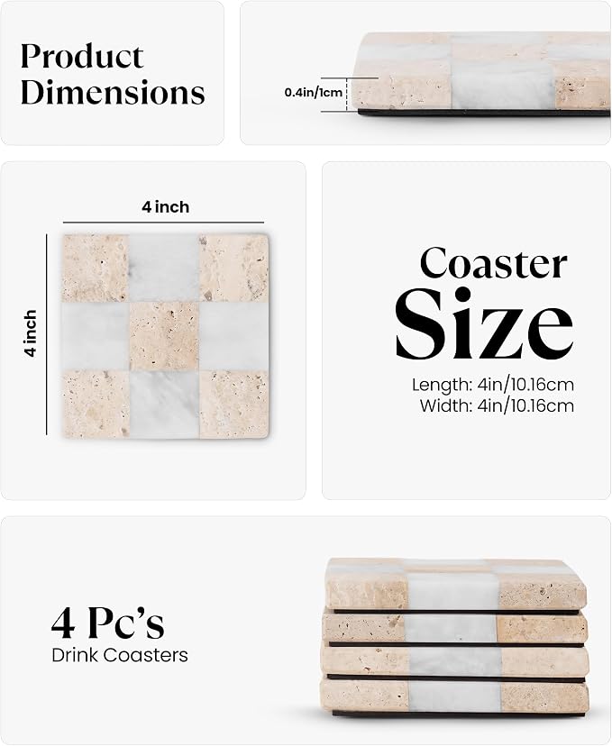 Marble Coasters Set of 4, Travertine & White Matt Handmade 4 inch Square Checkered Stone Coaster, Drink Coasters for Living Room, Trendy Office Desk Accessories & Home Décor