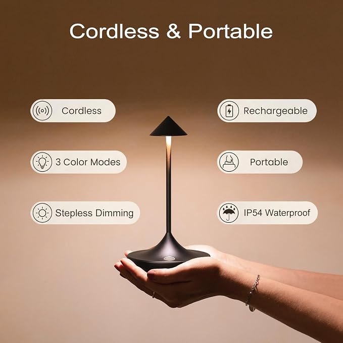 Rechargeable Cordless Table Lamp, Battery Operated LED Lamps | 3-Color Stepless Dimmable, Portable IP54 Waterproof Outdoor Lamps for Patio Dining Bar Home Office (2-Pack Black Mini)