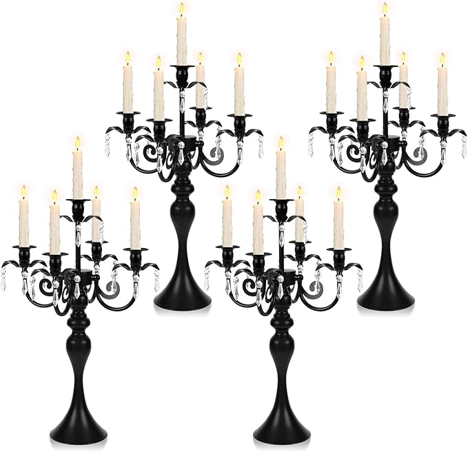 20''Tall Crystal Pendant Taper Candle Holders/Stylish Candle Stands/Candlesticks Holder/Candelabra for Home Decor, Weddings/Parties/Elegant Dining Table Centerpiece (4, Black)