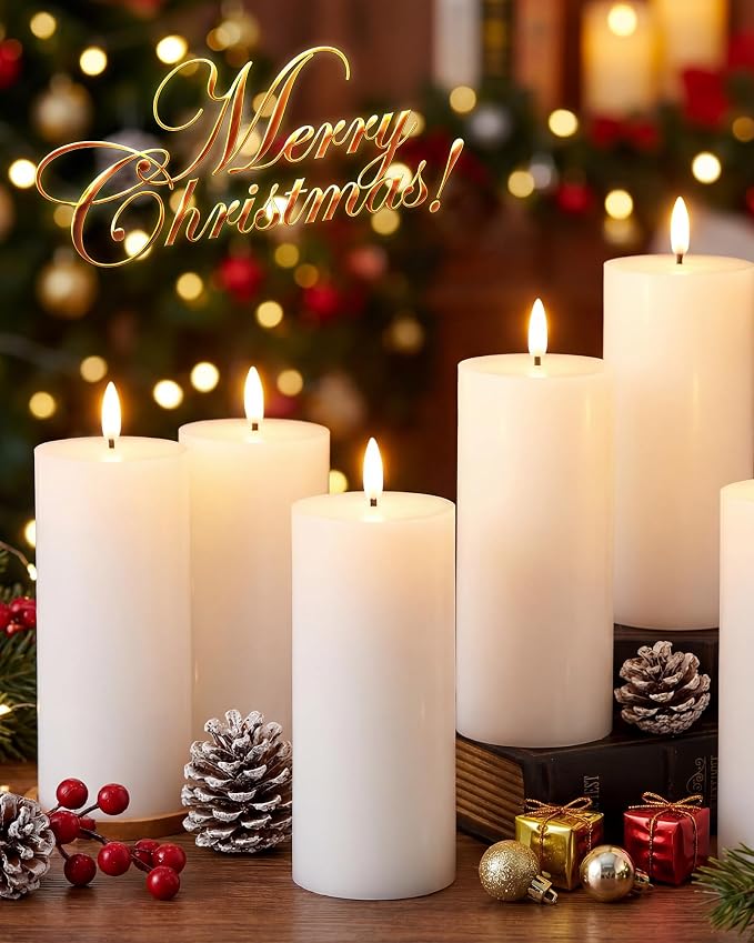 VIHOSE 6 Pack White Flameless Candles Set with Remote and Timer Flickering Flameless Battery Candles LED Pillar Flat Top for Wedding Outdoor Home Festival Decoration(D 3" H 7")