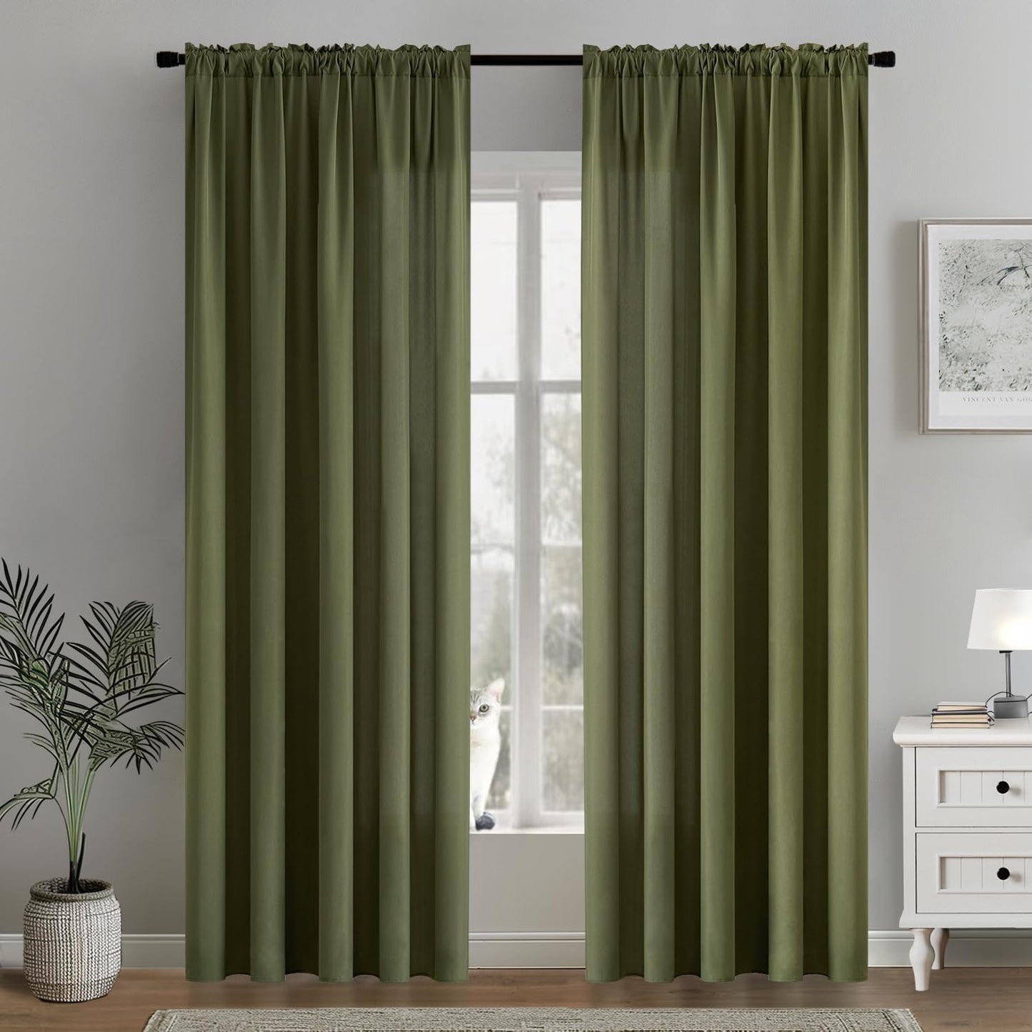 MIULEE Olive Green Privacy Sheer Curtains That Let Light in 72 Inches Long Non-See-Through Semi Sheer Curtain Light Filtering Window Curtains Drapes for Living Room Bedroom 2 Panels Set 42 X 72