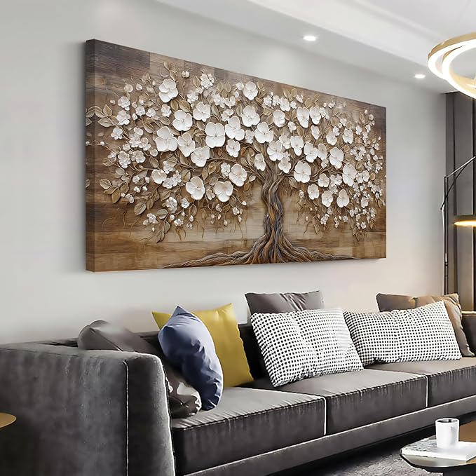 Ggaafet Retro Tree Wall Art for Living Room Canvas Oil Painting Prints Beautiful White FLower Floral Blooming Art Deco Rustic Artwork Office Bedroom Farmhouse Dining Room Decor Large