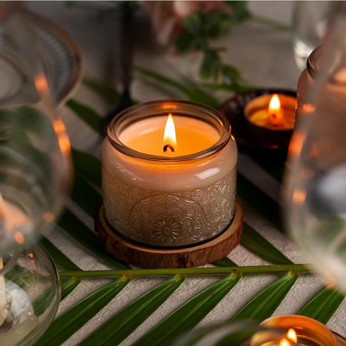 4 oz Gray Mandala Glass Candle Jars with Bamboo Lids, 18 Pack | Patented Embossed Design, Includes Wick Centering Devices & Warning Labels, Multiple Color Options