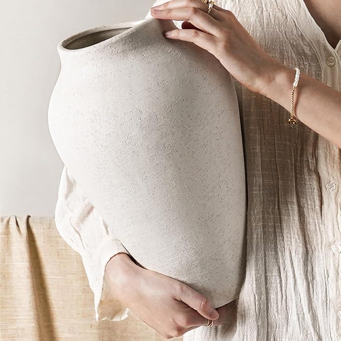 White Ceramic Vase - Large 13.6 Inch Tall Floor Vase for Centerpieces, Farmhouse Flower Vases, Rustic Minimalist Home Decor for Living Room, Enterway, Wedding (Sandstone White)