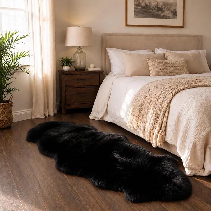 Sheepskin Rug, Fluffy Shag Area Rug, Super Soft 24” x 72“ Sheepskin Hair Rug, Inky Black Pile Rug, Decorative Throw Rugs for Bedrooms, Children's Rooms, Living Rooms (Inky Black, 24" x 72")