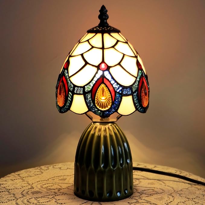Tiffany Stained Glass Mushroom Table Lamp 12.5 Inch -Pink Peacock | Tiffany Lamp,6X6X12.5 Inch,Small Night Light,Ceramic Base, Mini Accent Light Suitable,Bedside,Bedroom, Children Room,Antique