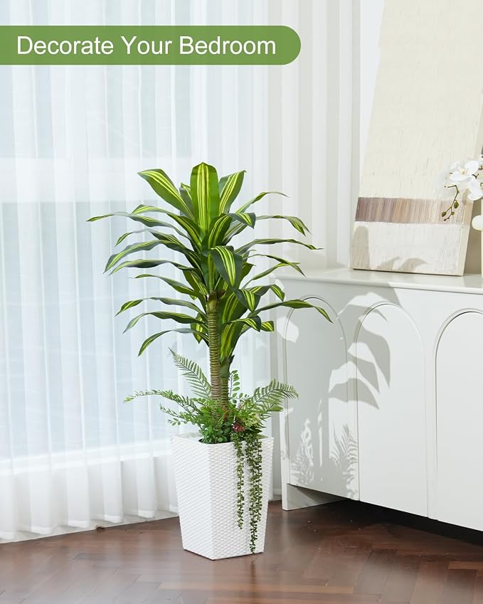 Artificial Plants Indoor, 4FT Tall Fake Tree with White Tall Planter, Artificial Dracaena Tree for Living Room Office Home Decorations Housewarming Gifts