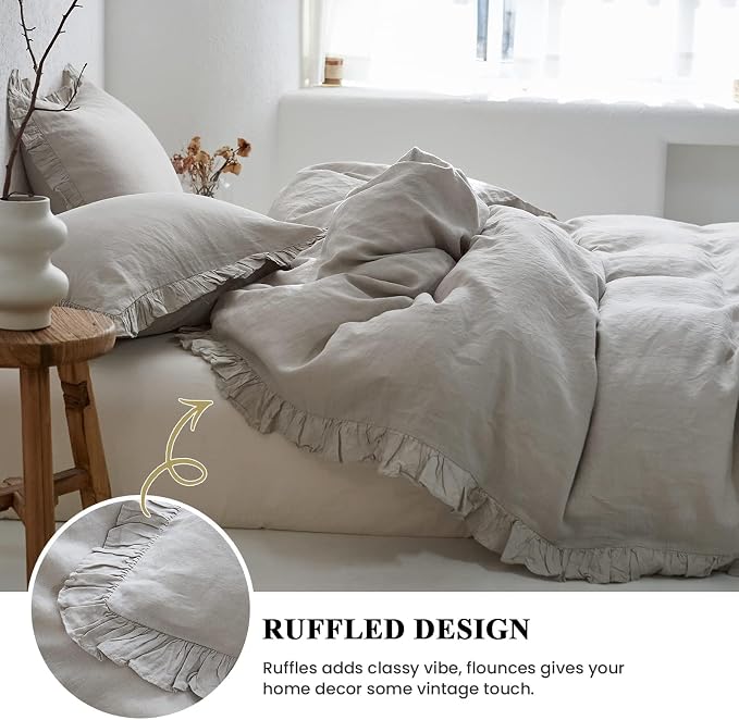 Simple&Opulence 100% Linen Duvet Cover Set, 3 PCS Natural French Flax Light Grey Ruffle Duvet Cover King Size, Breathable Comfy Linen Bedding Comforter Cover with 2 Pillowcases(Light Grey, 104"X 92")