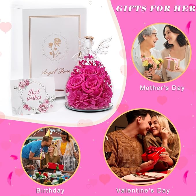 Beferr Mothers Day Mom Birthday Gifts for Women, Fresh Flowers for Delivery Forever Preserved Rose in Glass Angel Figurine, Anniversary Christian Real Rose for Grandma Nana Wife Mum from Daughter Son