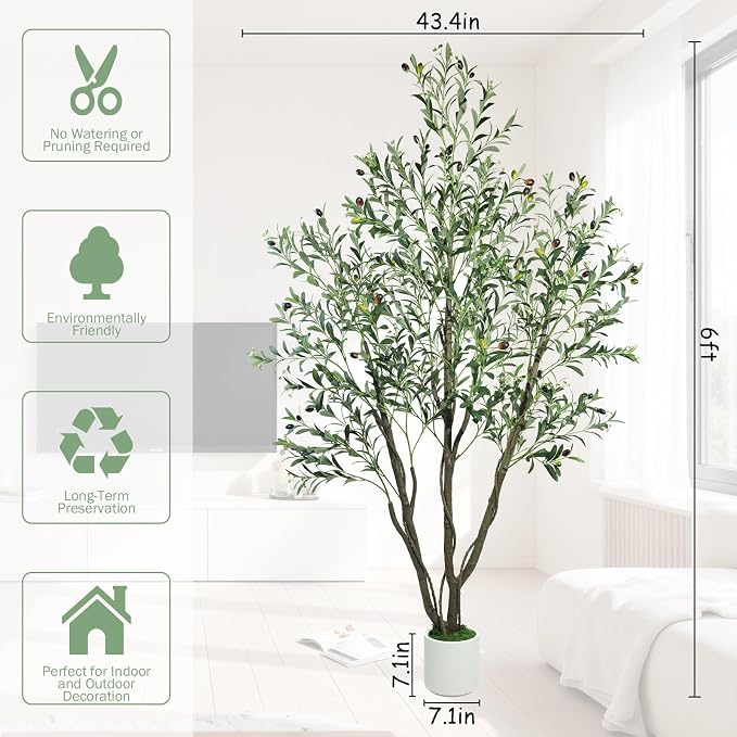 Caxchiling Large Artificial Olive Tree 6FT, Indoor Outdoor Faux Tree | Natural Trunk with Olive Fruits and Buds in White Planter for Home Office Living Room