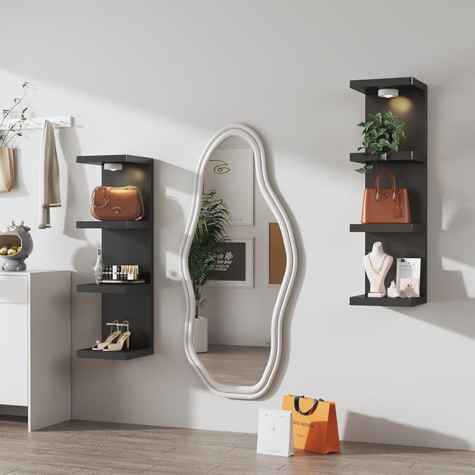 4-Tier Wall Shelf Unit with USB Rechargeable Led Light (Remote Controlled),Versatile Floating Display Shelves,Lack Style Wall Shelves for Bedroom,Living Room,Office Decor,Vanity-Black