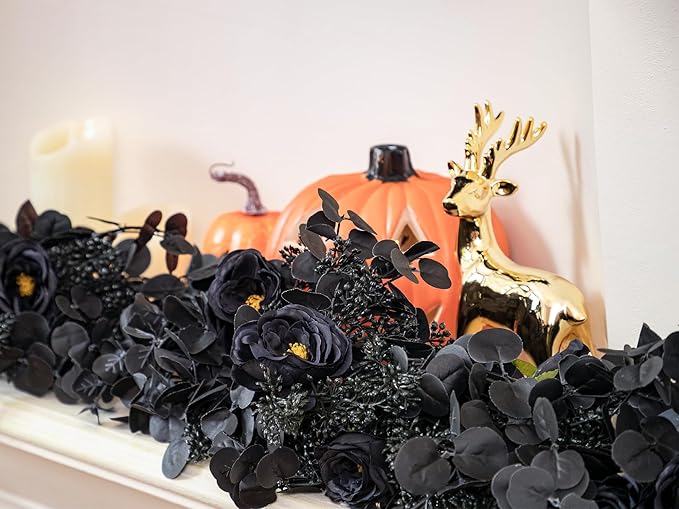 6FT Black Halloween Garland with 10 Black Rose and Berries, Artificial Flower Eucalyptus Garland for Halloween Decorations for Wedding Party Table Decor Indoor Outdoor Backdrop Wall Decor