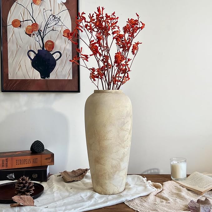 Ceramic Rustic Farmhouse Vase, 15 Inch Beige Flower Vases for Home Decor, Rustic Pottery Vase for Table Centerpieces & Living Room, Farmhouse Ceramic Vases for Entryway & Wedding Gifts