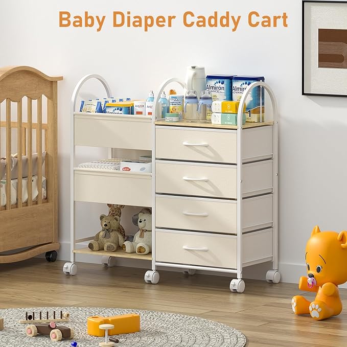 Baby Organizer and Storage Cart, 4-Tier Rolling Utility Cart with Wheels, Dividers and Drawers, Easy to Assemble for Nursery, Bedroom & Changing Table, White