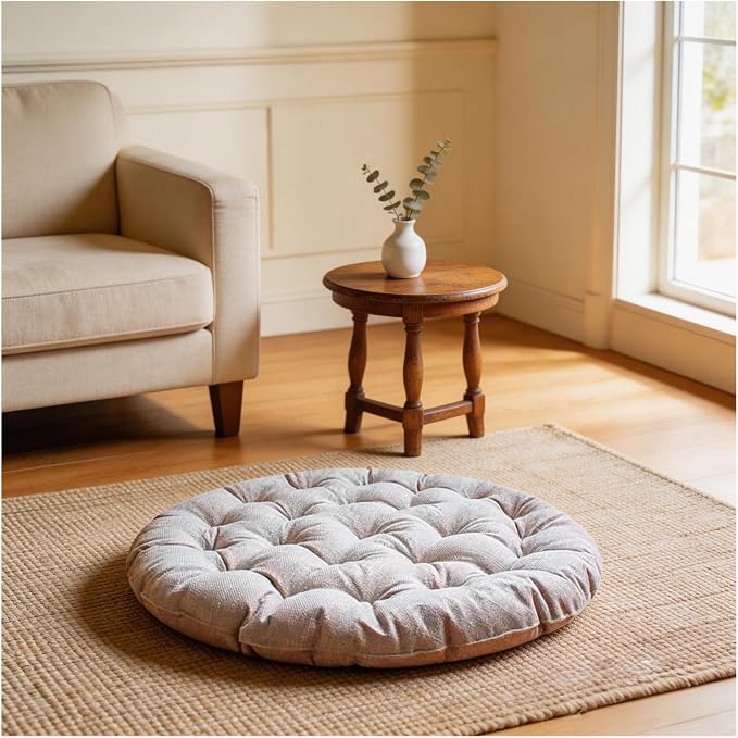 Large Linen Floor Cushions,Round Futon Pillows Japanese Style Tufted Floor Pillows Meditation Cushions for Seating On Pad for Yoga Sofa Balcony(Size:26x26inch,Color:Beige)