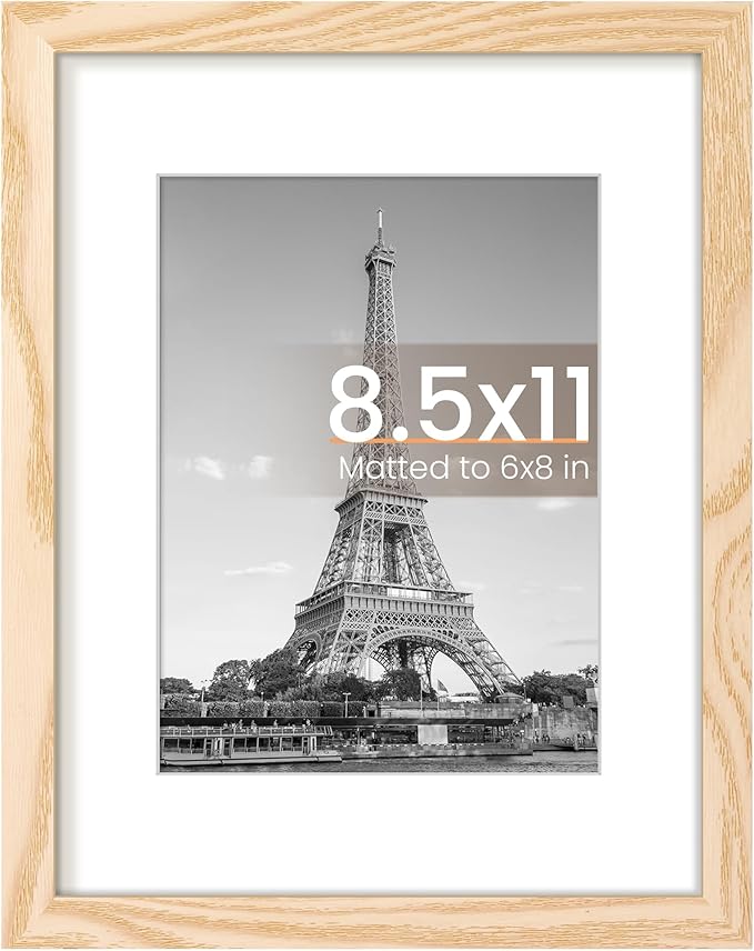upsimples 8.5 By 11 Picture Frame, Display Pictures 6x8 with Mat or 8.5 x 11 Without, Wall Hanging Photo Frames, Natural, 1 Pack