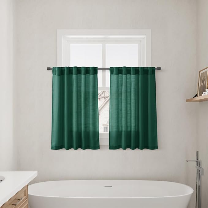 Dark Green Kitchen Linen Curtains 36 Inch Length 2 Pack Privacy Light Filtering Linen Short Drapes with Rod Pocket Back Tab for Small Windows Cafe Bathroom Mediterranean Style Laundry Room 36Wx36L
