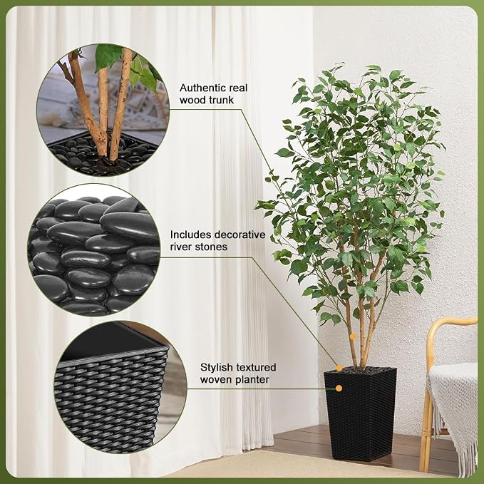 VeriNatural 6ft Artificial Ficus Tree,Tall Faux Tree with Silk Leaves & Real Wood Trunk,UV Resistant Potted Fake Plant with Pebbles & Planter-Indoor Outdoor Floor Plant for Home Living Room,VN129