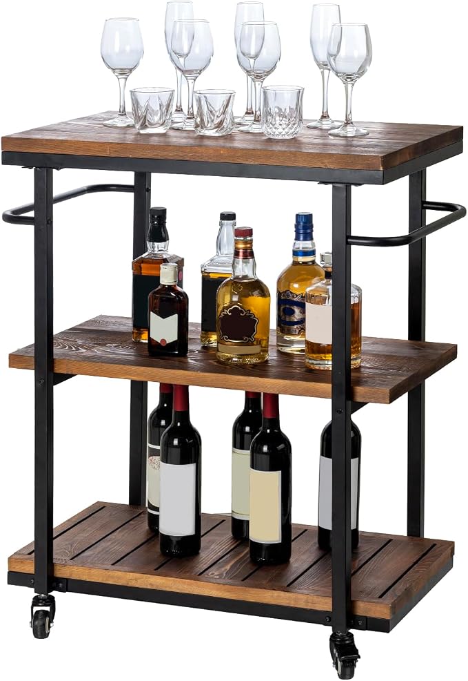 MyGift Rolling Bar Cart with Wheels, 3 Tier Home Bar Serving Cart, Drink Tea Coffee Cart for Kitchen Pantry Restaurant, Vintage Rustic Burnt Solid Wood and Industrial Matte Black Metal