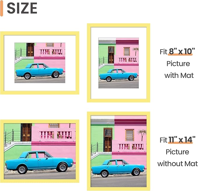 upsimples 11x14 Picture Frame, Display Pictures 8x10 with Mat or 11 x 14 Without, Wall Hanging Photo Frames, Yellow, 1 Pack