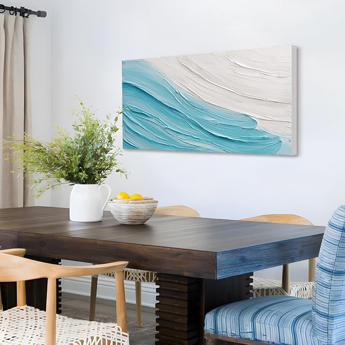 Large Modern Abstract Ocean Wave Canvas Wall Art Coastal Oil Painting Decor | 24x48 In Hand‑Painted Horizontal Minimalist Artwork for Living Room Bedroom Office, Original Blue & White Wall Decor Gifts
