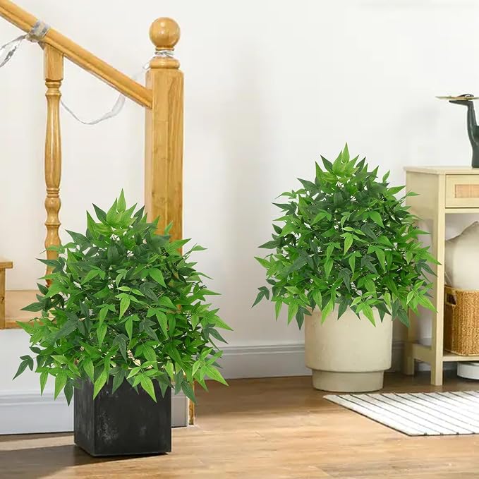 24" Artificial Bamboo Tree with Ground Spike Topiary Balls Artificial Outdoor Set of 2 Faux Boxwood Topiary Ball Trees for Front Porch UV Resistant Fake Bushes for Outdoors Garden Yard Patio Decor