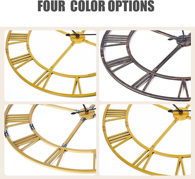 Large Wall Clock for Living Room Decor – 60 Inch Knocked-Down (KD) Silent Non-Ticking Modern Farmhouse Wall Clock, Oversized Decorative Metal Roman Numeral Clock (Gold, 60 Inch)