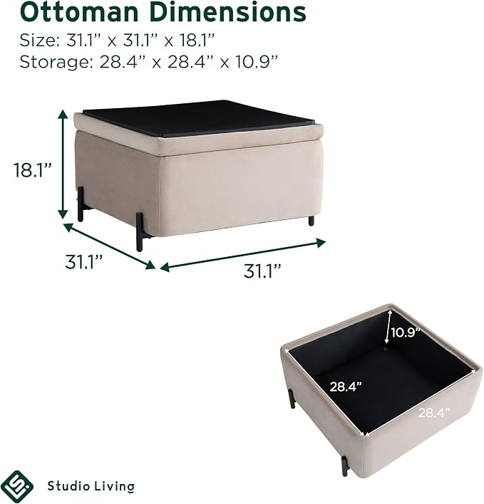 Studio Living® Connor 31.1" Large Storage Ottoman, Modern Boho, Matte Black Metal Legs, Velvet Fabric, Taupe