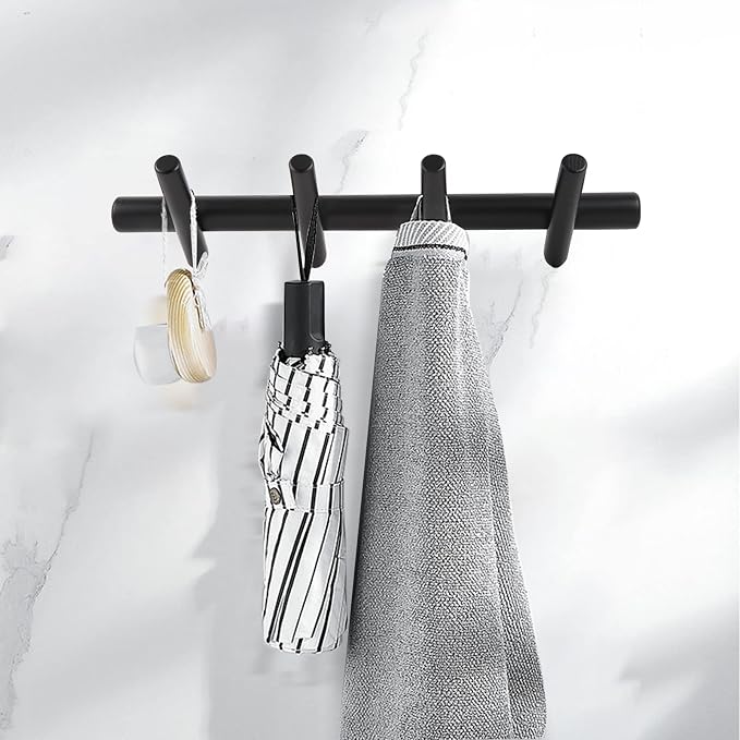 KYSMOTIC Modern Wood Coat Rack - Wall Mounted - Black 4 Peg Coat Hooks - Hanging Clothes Robes Towels Hats