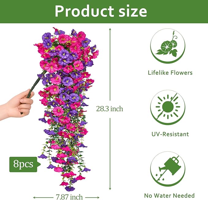 Serwalin Artificial Hanging Flowers for Outdoors Decoration, 8PCS UV Realistic Resistant Fake Silk Artificial Plants Outdoor for Porch Patio Balcony Indoor Planter Yard Decor (Purple&Rose Pink,8PCS)