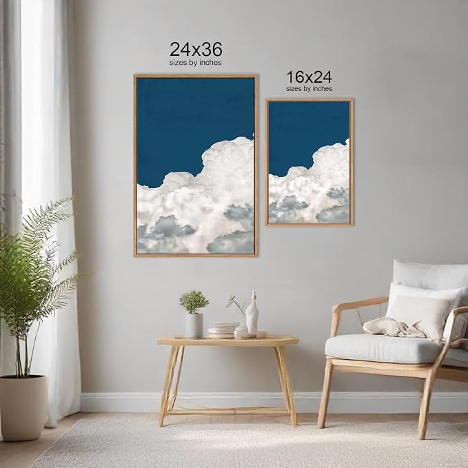 LHIUEM Large White Clouds Framed Canvas Wall Art Set Abstract Navy Blue Sky Natural Wall Decor Minimalist Modern Painting Artwork for Livingroom,Bedroom,Office Decor -24"x36"x3