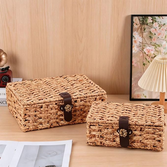 Water Hyacinth Wicker Storage Box with Lid （Large） | Hand woven decorative storage basket for shelf coffee table console home decor