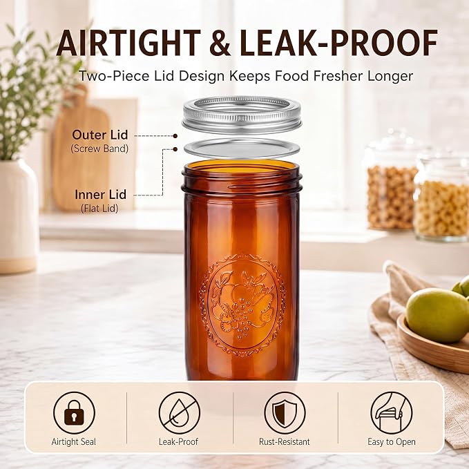 Norme 8 Pieces Amber Mason Jars 24 oz Amber Glass Mason Jar with Airtight Lids Canning Apothecary for Pickle Fermenting Canning Freezing Beverages Preserving