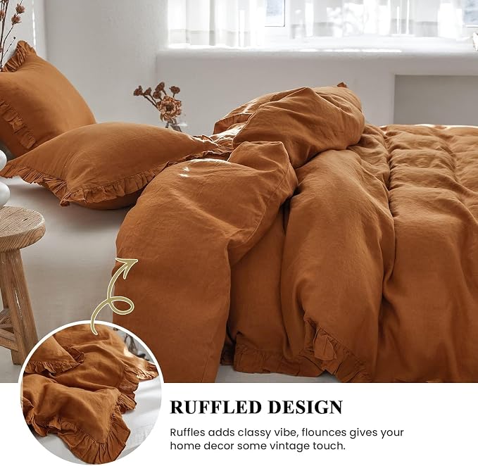Simple&Opulence 100% Linen Duvet Cover Set, 3 PCS Natural French Flax Rust Ruffle Duvet Cover King Size, Breathable Comfy Linen Bedding Comforter Cover with 2 Pillowcases (Rust, 104" X 92")