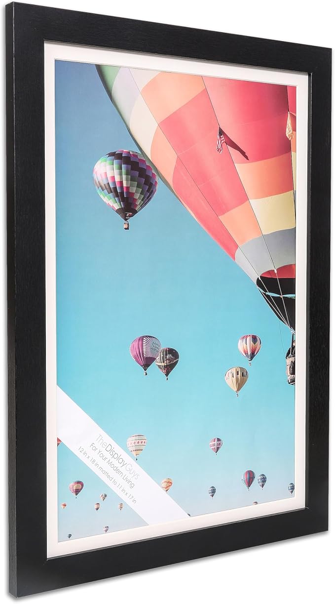 The Display Guys - Black Wooden Minimalist Picture Frames Set - Tempered Glass - 12x18 matted to 11x17 - Wall Hanging - 4-Pack