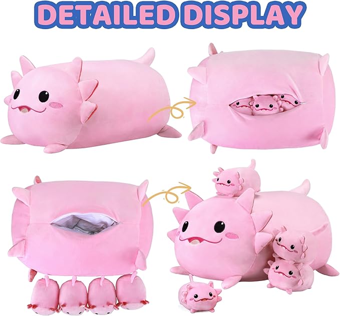 Axolotl Plush Cute Axolotl Stuffed Animal with 4 Baby Soft Pillow Valentine's, Birthday Gift for Girls Boys Kids Decor
