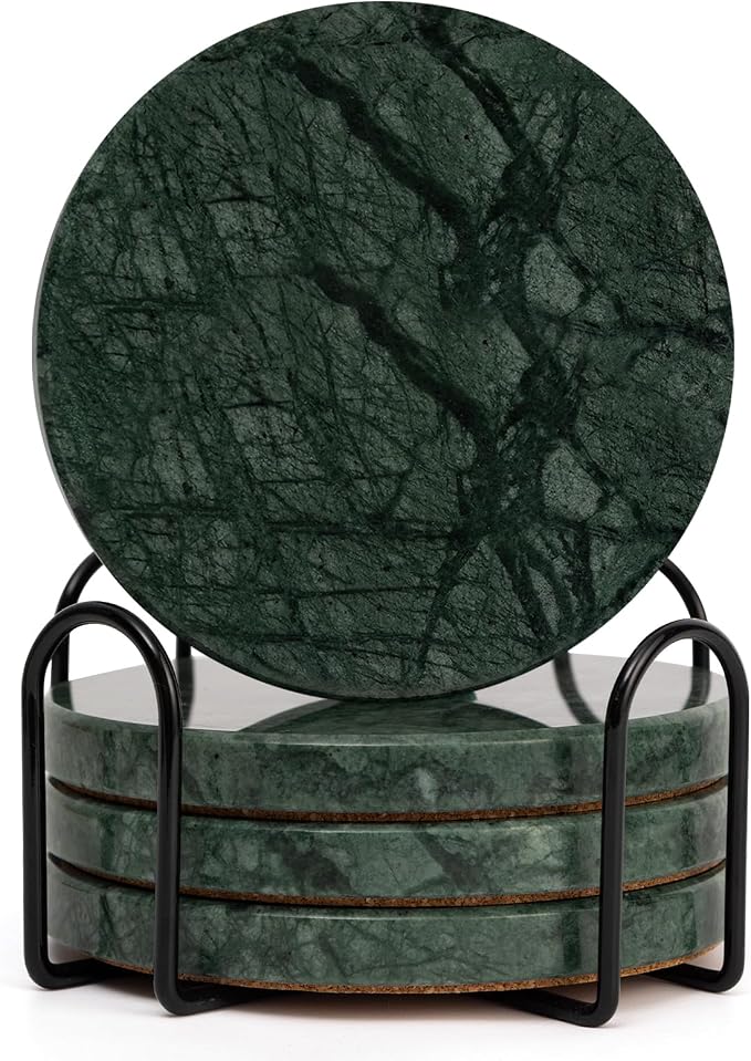 Dark Green Marble Coasters Set of 4 with Holder, Luxury Drink Coaster for Coffee Table, 4" Round Polished Verde Stone Coaster with Intricate Veins – Heat Resistant, Non-Slip, Housewarming Gift